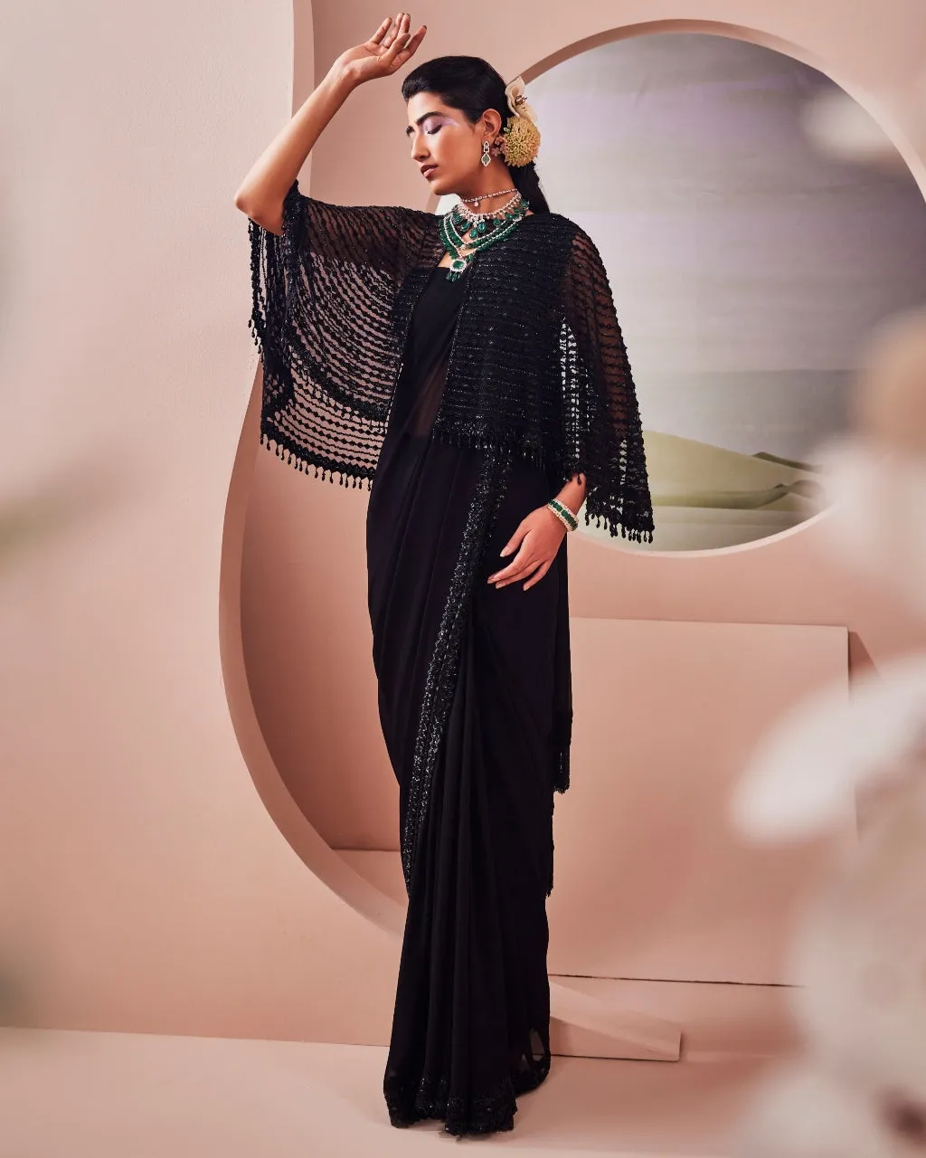 Black Embroidered Cape And Sari Set