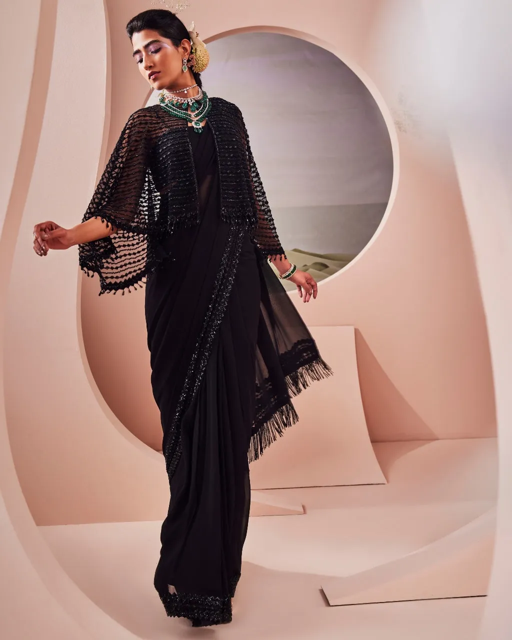 Black Embroidered Cape And Sari Set