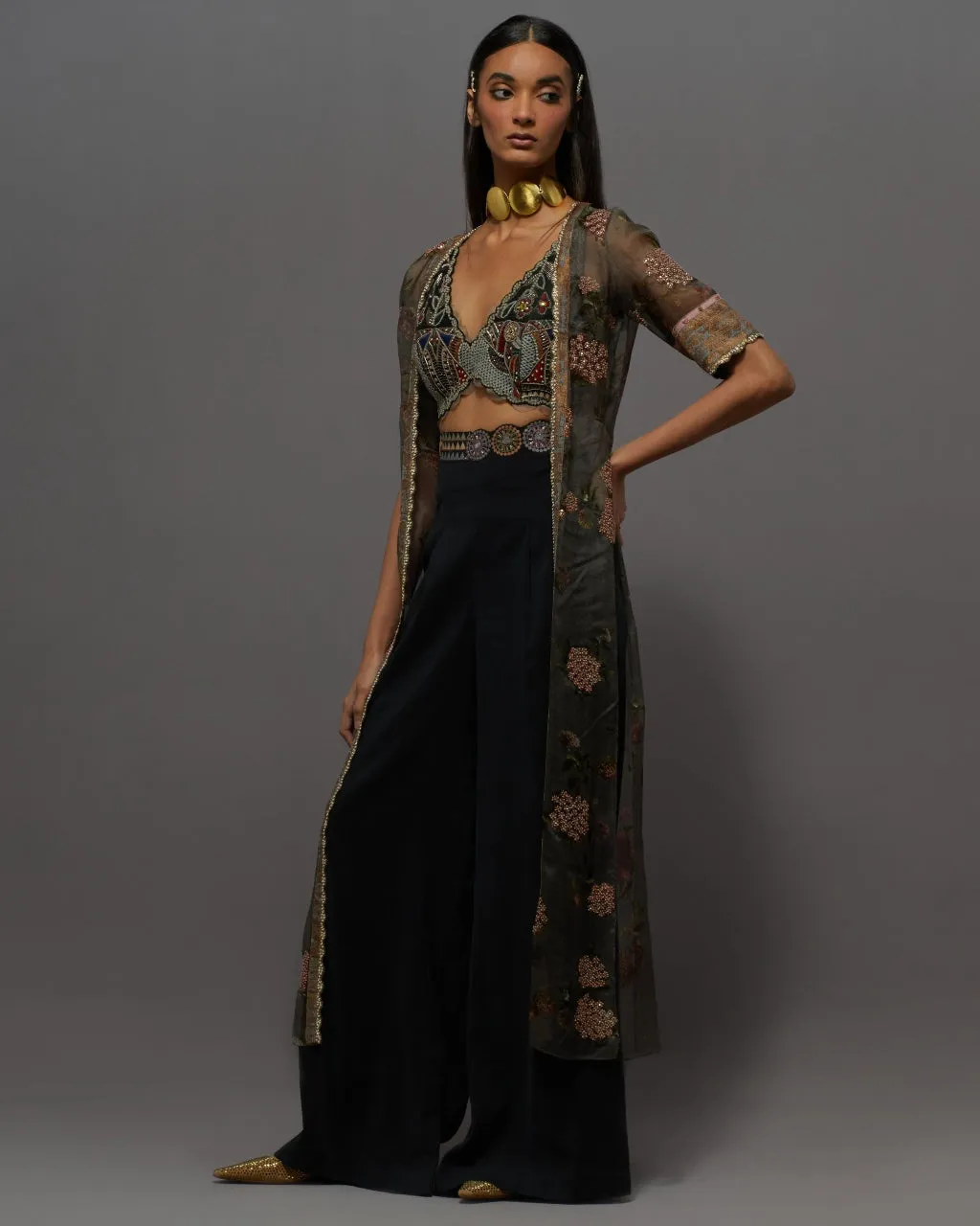 Black Embroidered Cape Set