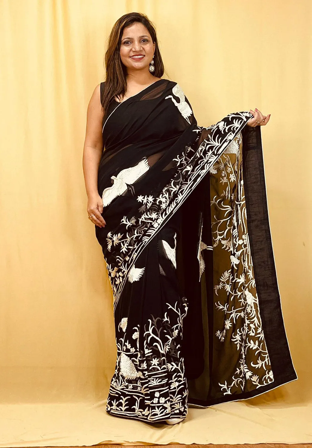 Black Parsi Gara Hand Embroidered Pure Georgette Bird And Flower Design Saree