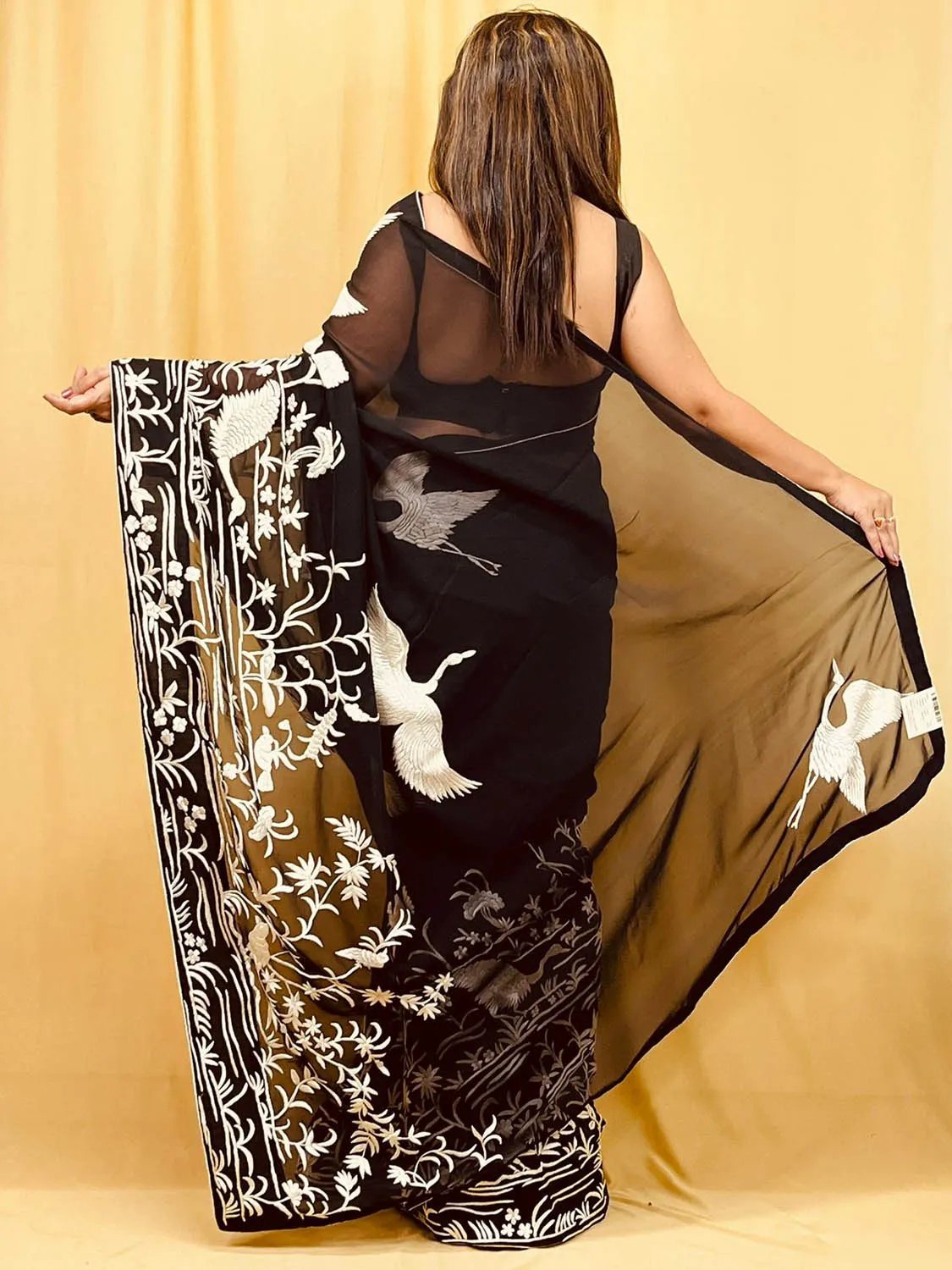 Black Parsi Gara Hand Embroidered Pure Georgette Bird And Flower Design Saree