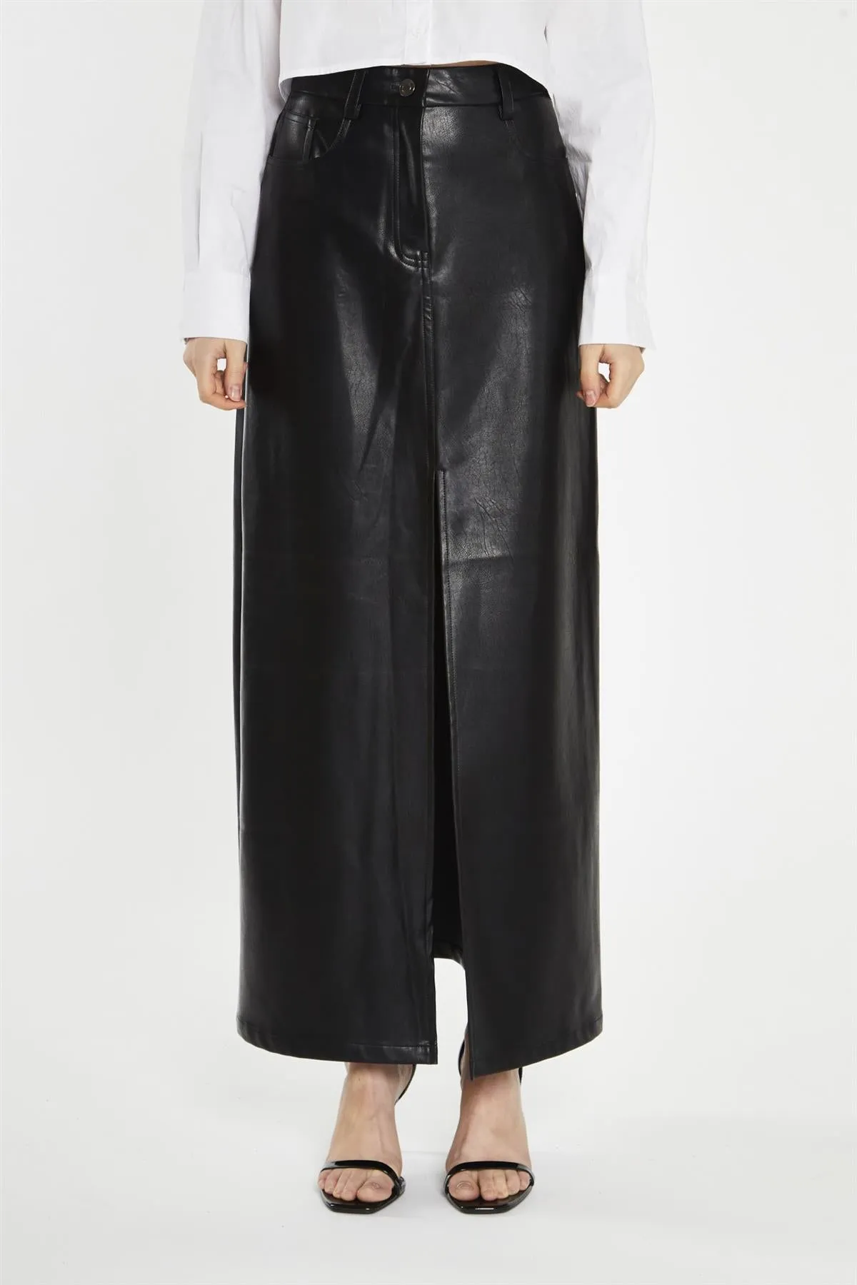 Black PU Centre-Split Midi-Skirt