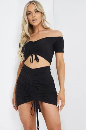 Black Ruched Bradot Crop Top And Skirt Co-Ord Set