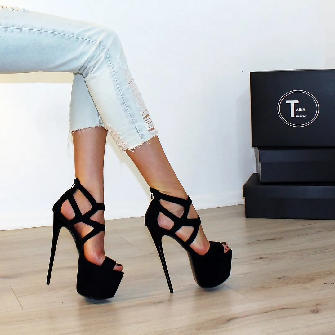 Black Suede Cage Ankle Platform Shoes