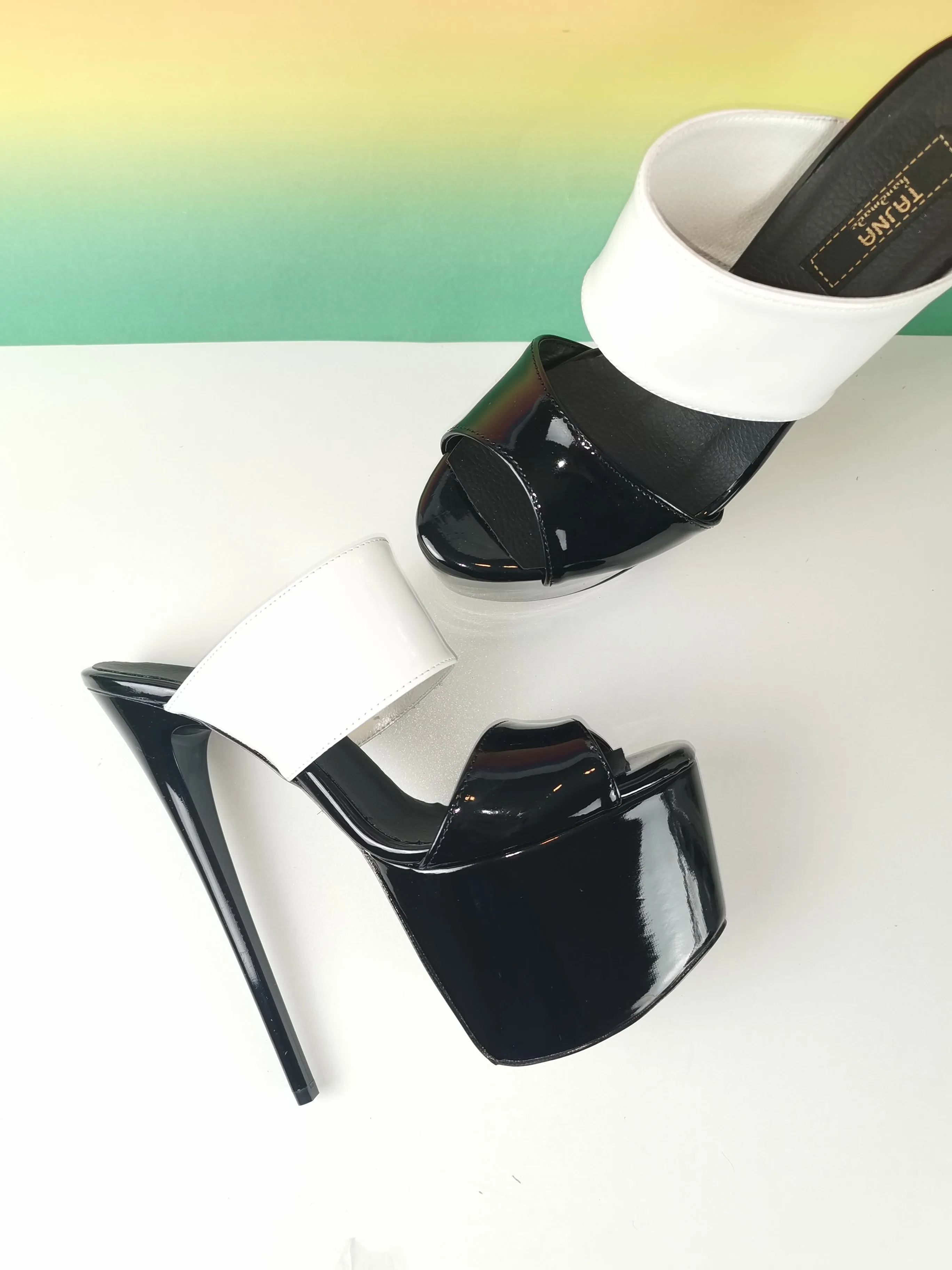 Black White Patent Double Strap Mules