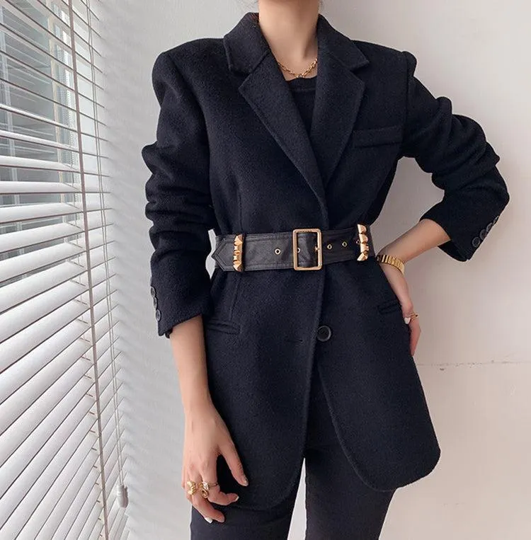 Black Wool Blazer Suit Coat With Belt