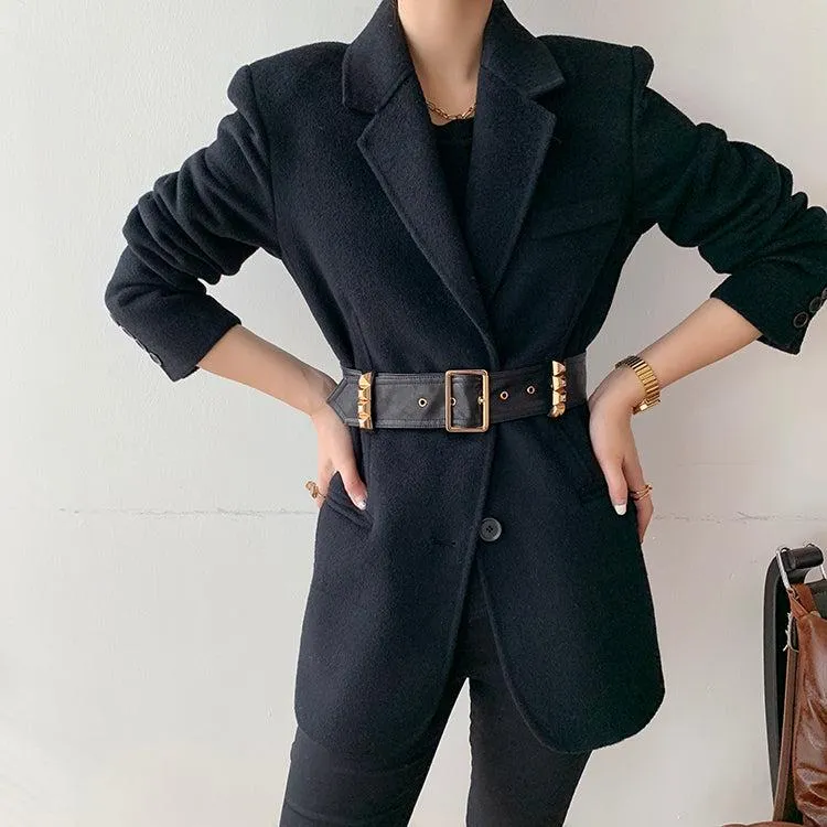 Black Wool Blazer Suit Coat With Belt