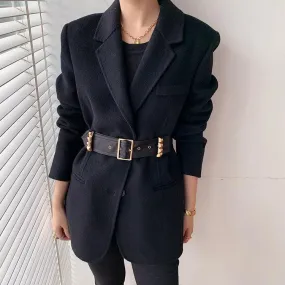 Black Wool Blazer Suit Coat With Belt