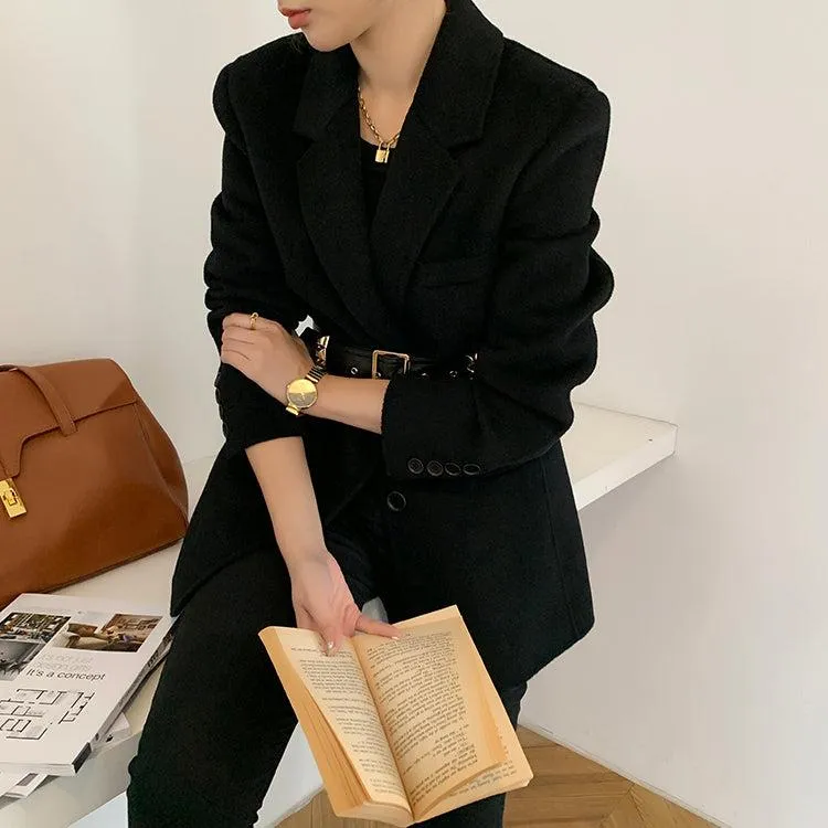 Black Wool Blazer Suit Coat With Belt