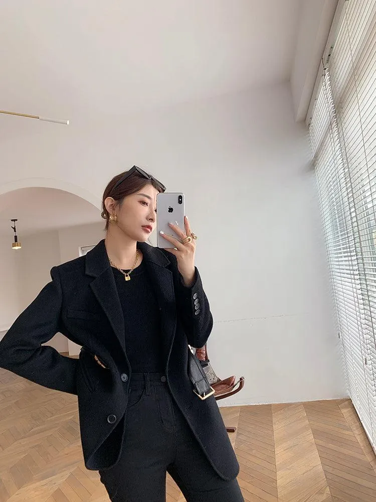 Black Wool Blazer Suit Coat With Belt