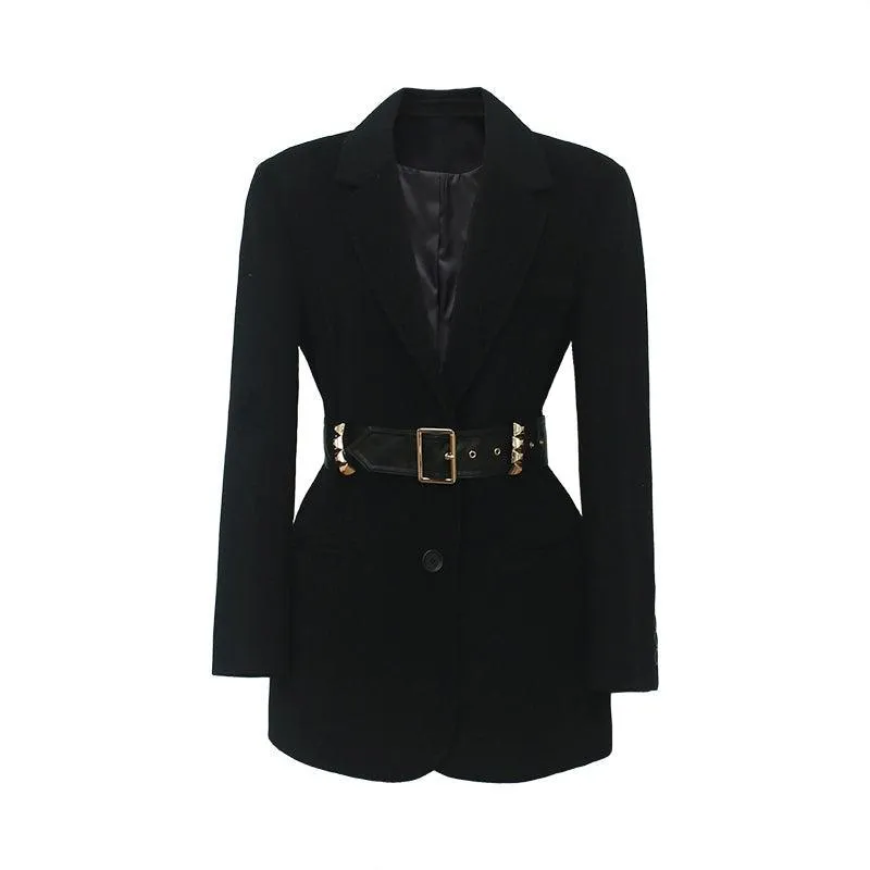 Black Wool Blazer Suit Coat With Belt