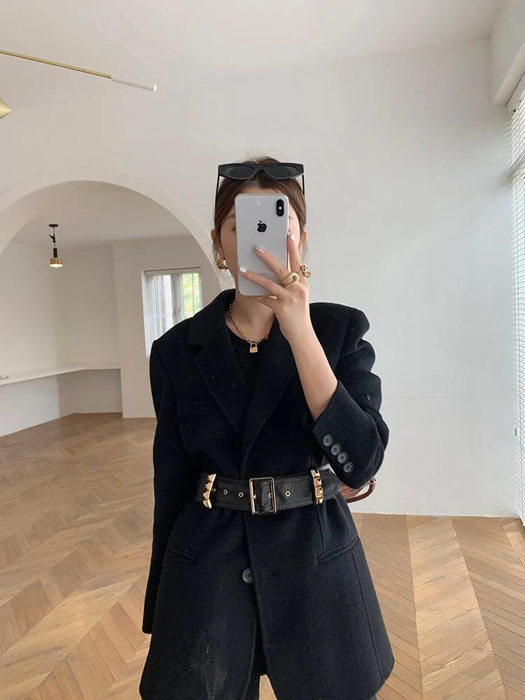 Black Wool Blazer Suit Coat With Belt