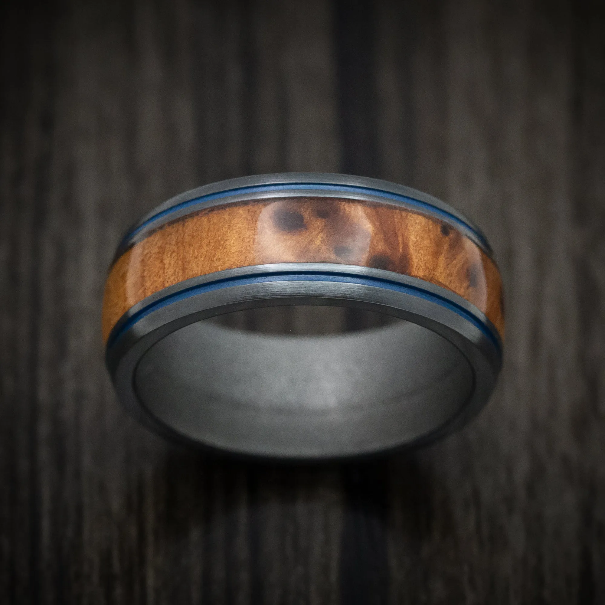 Black Zirconium and Hardwood Men's Ring with Cerakote Inlays and Sleeve Custom Made