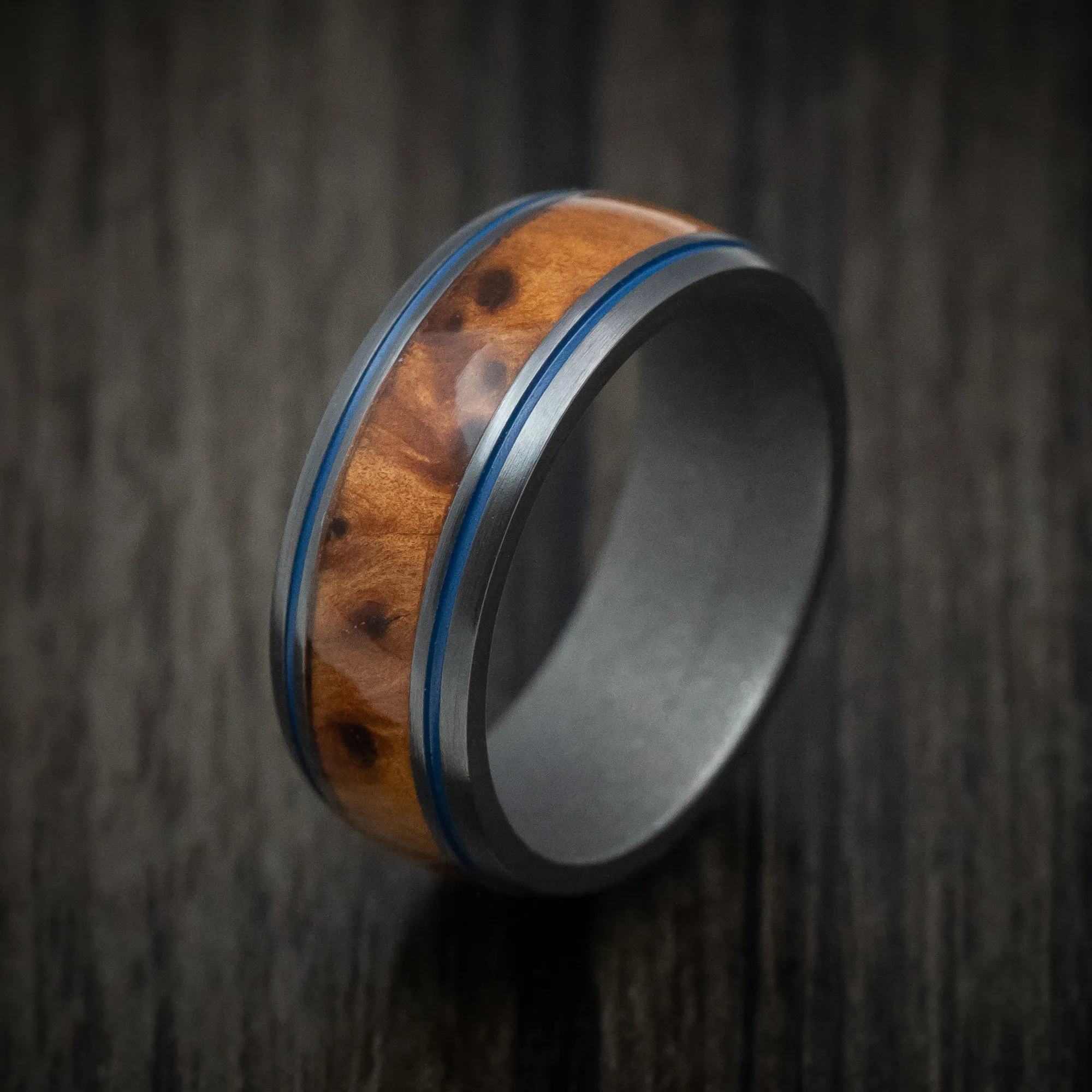 Black Zirconium and Hardwood Men's Ring with Cerakote Inlays and Sleeve Custom Made