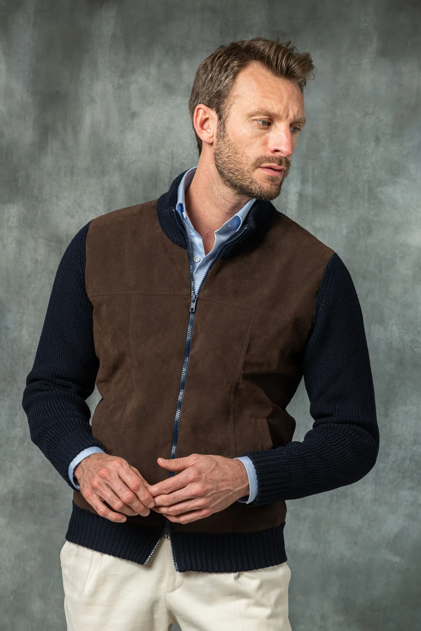 Blue and brown cardigan - Alcantara & wool - Made in Italy