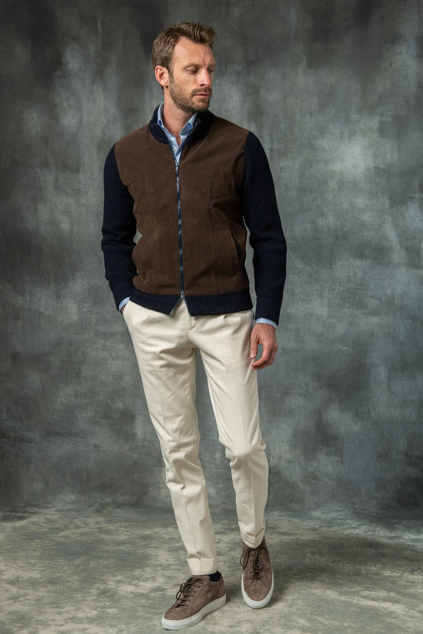 Blue and brown cardigan - Alcantara & wool - Made in Italy