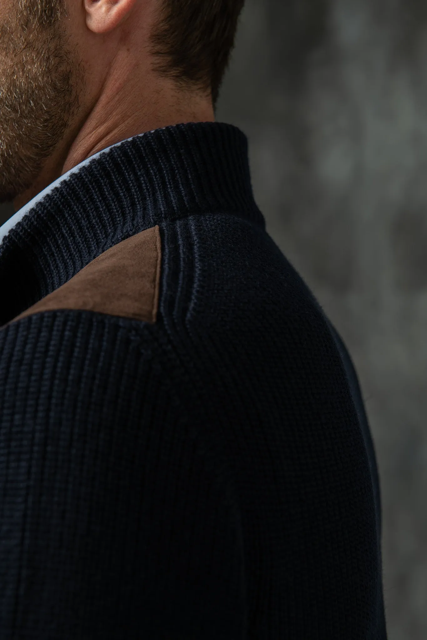 Blue and brown cardigan - Alcantara & wool - Made in Italy