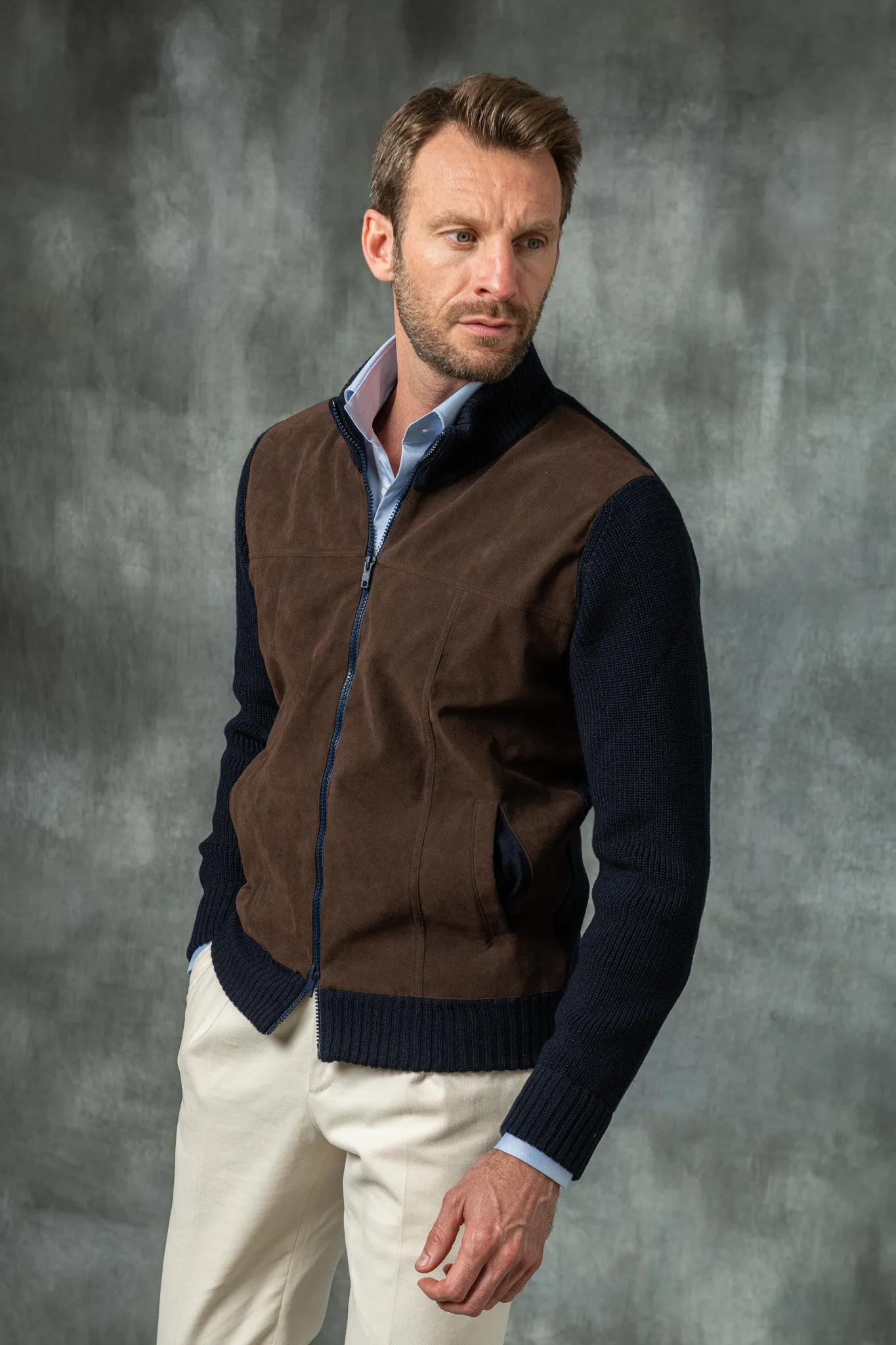 Blue and brown cardigan - Alcantara & wool - Made in Italy