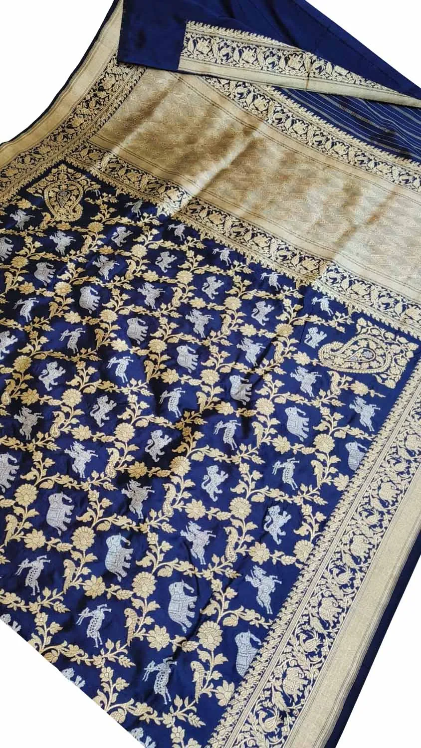 Blue Banarasi Handloom Pure Katan Silk Shikargah Design Saree