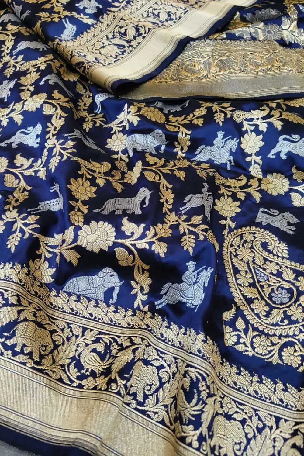 Blue Banarasi Handloom Pure Katan Silk Shikargah Design Saree