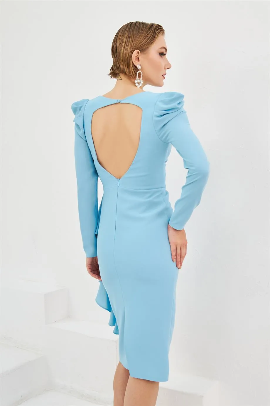 Blue Crepe Backless Waistband Midi Evening Dress