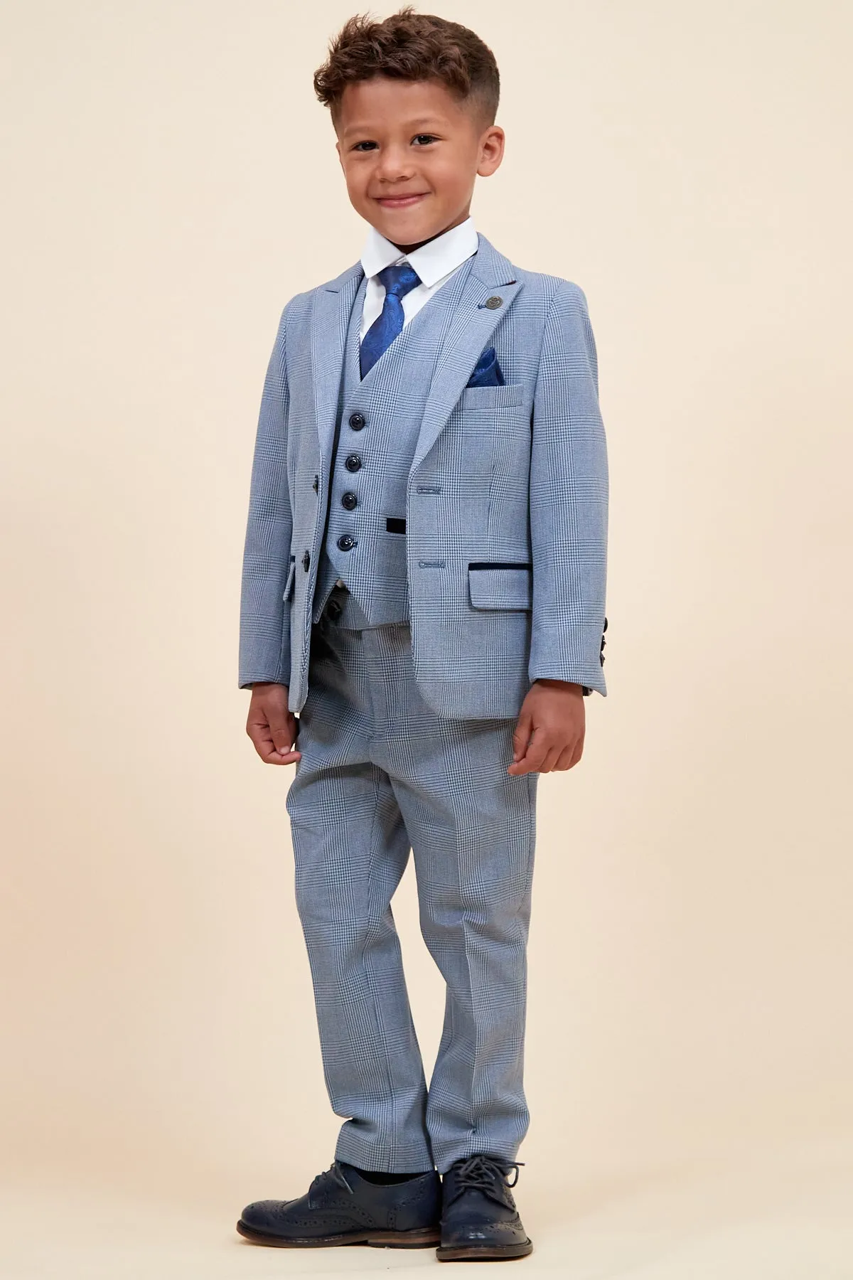 BROMLEY - Children's Sky Blue Check Print Three Piece Suit