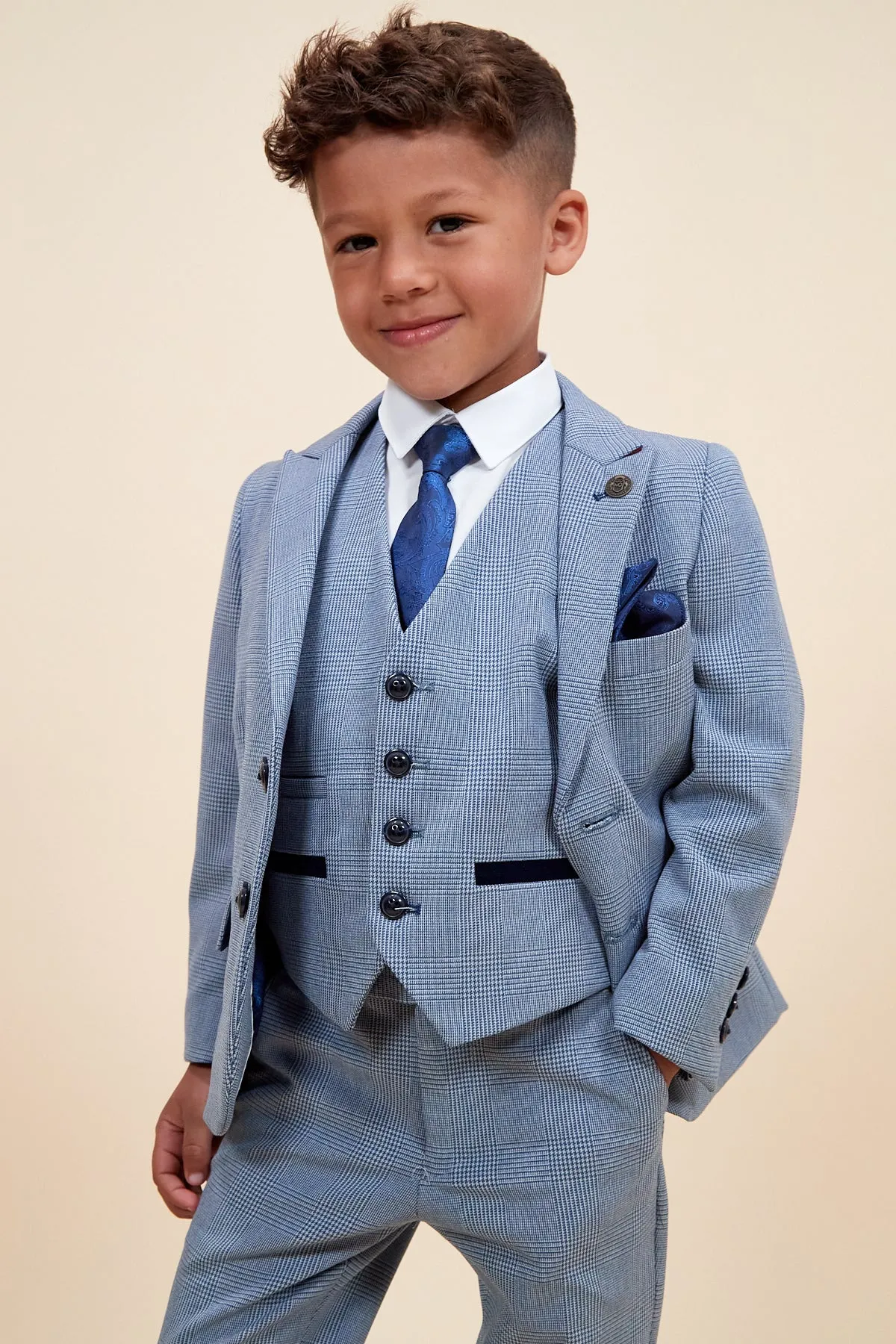 BROMLEY - Children's Sky Blue Check Print Three Piece Suit