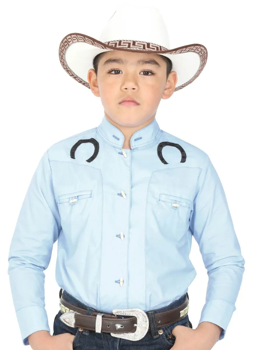 Camisa Vaquera Charra Manga Larga Azul Claro para Niños 'El General' - ID: 40372