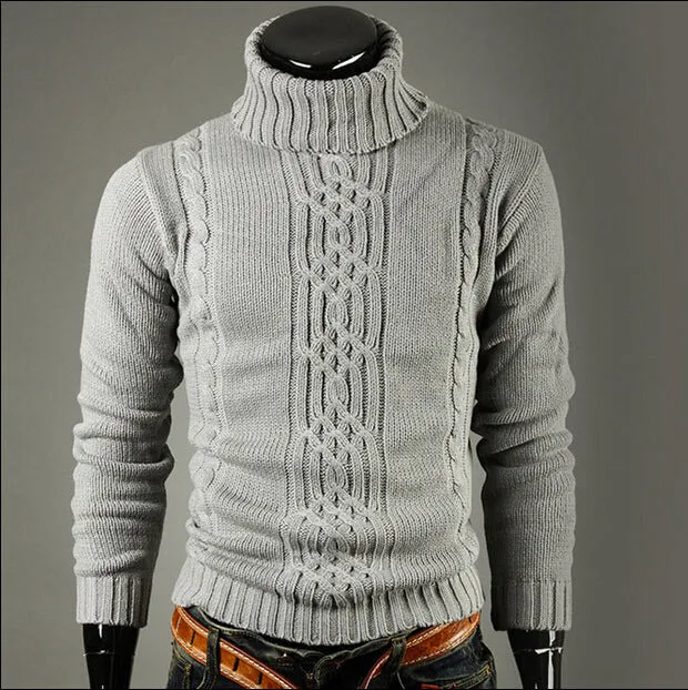 Casual Slim Pullover Solid High Lapel Jacquard  Men Sweater