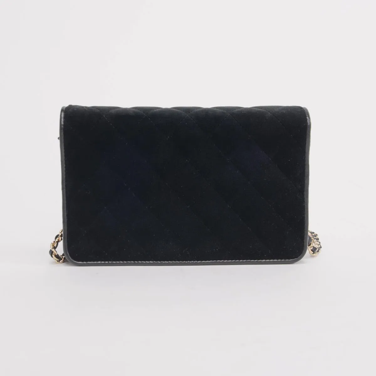 Chanel Black & Gold Velvet Camellia Wallet on Chain