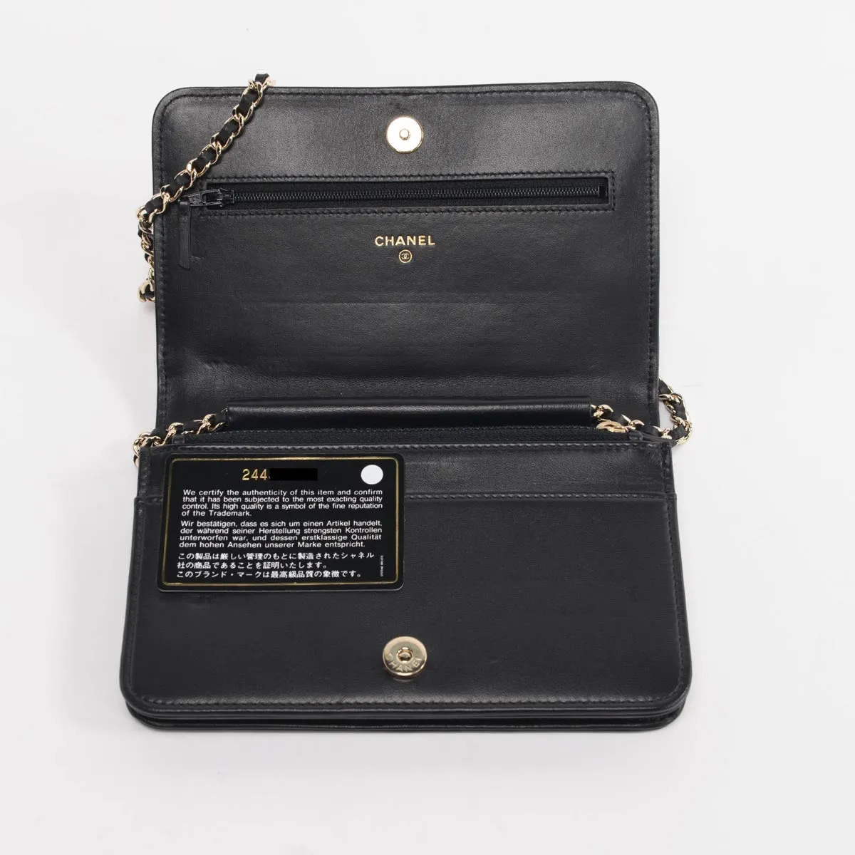 Chanel Black & Gold Velvet Camellia Wallet on Chain