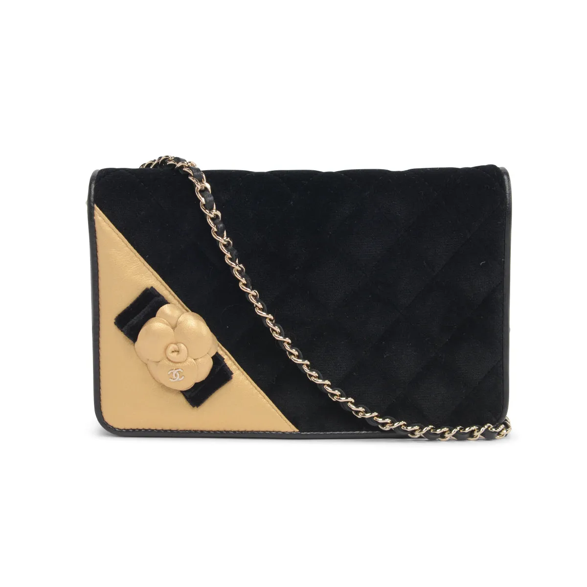 Chanel Black & Gold Velvet Camellia Wallet on Chain