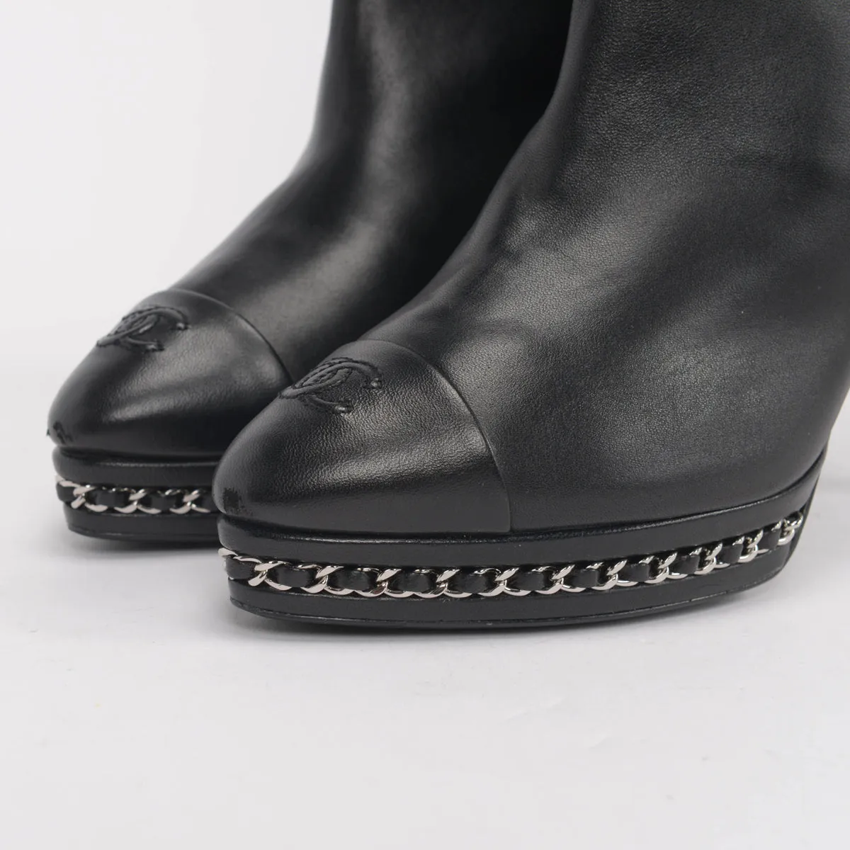 Chanel Black Leather Chain Platform Boots 40