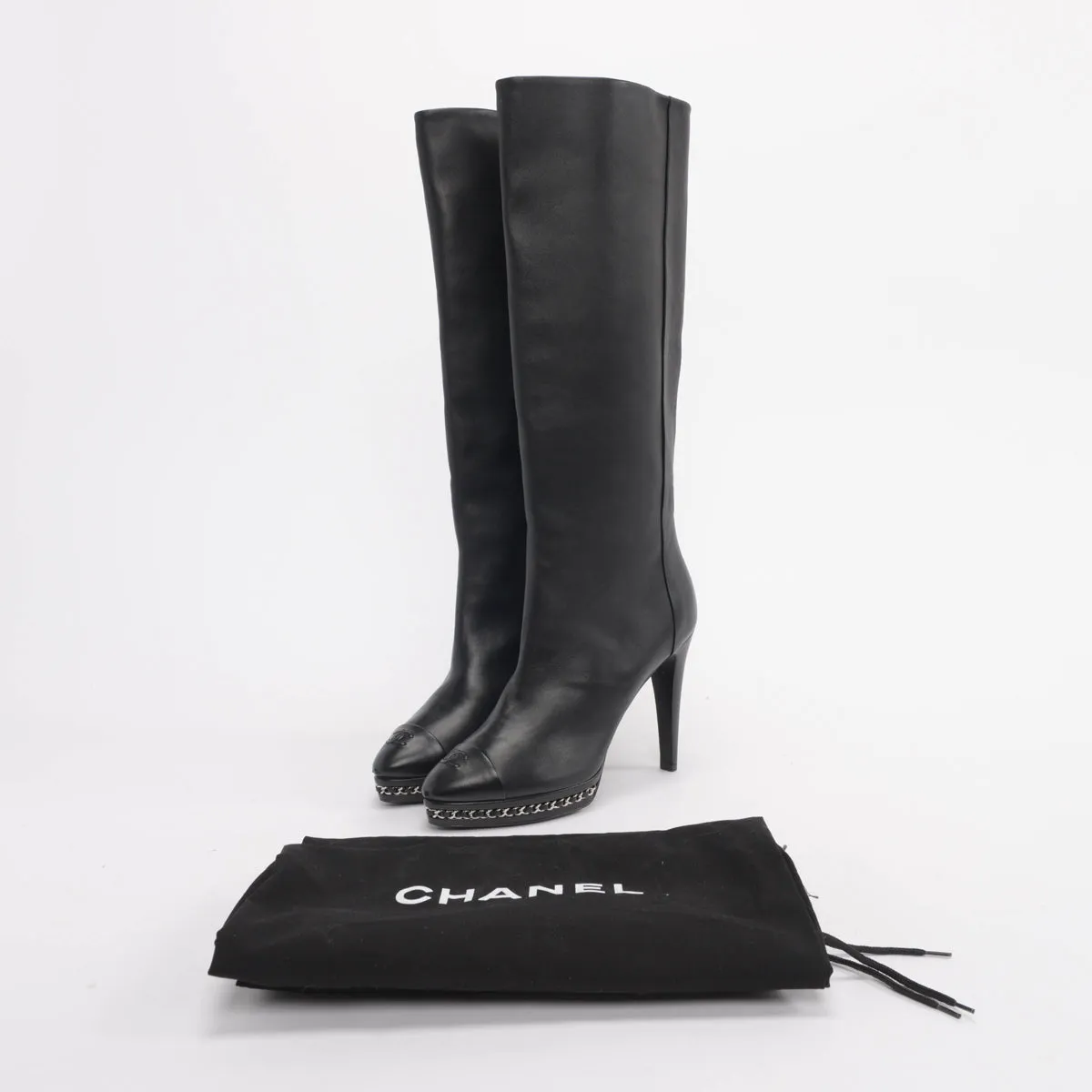 Chanel Black Leather Chain Platform Boots 40