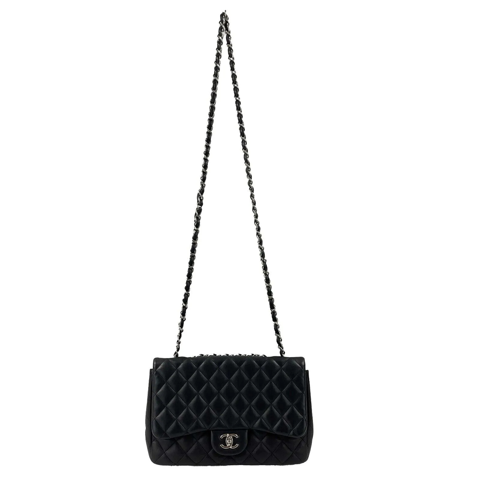 CHANEL - Jumbo Classic Flap CC Quilted Black Lambskin Shoulder Bag / Crossbody