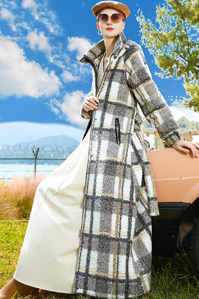 Check Hooded Single Breasted Maxi Coat