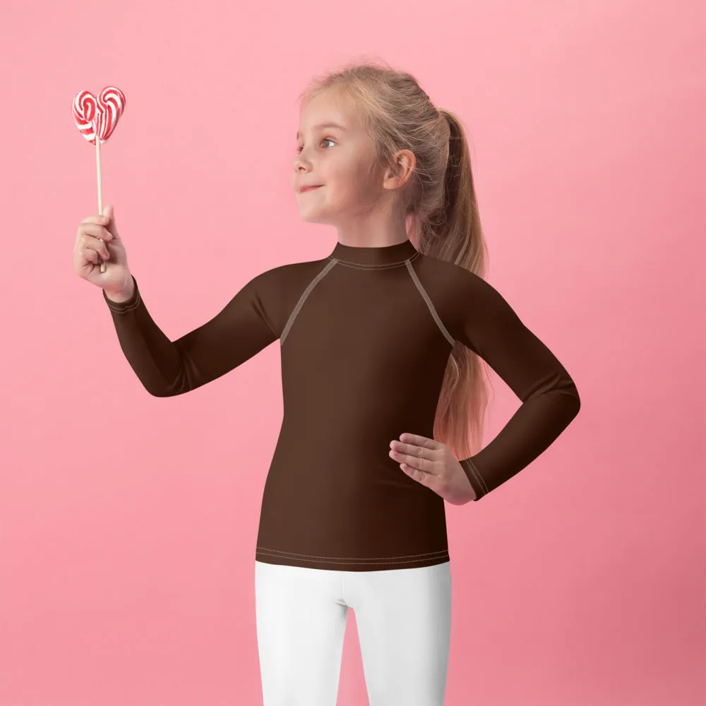 Chic Coverage: Solid Color Rash Guards for Girls - Chocolate