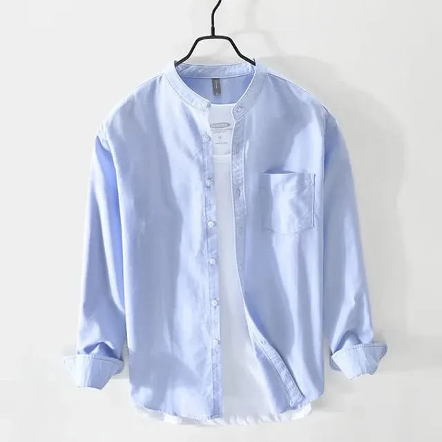 Chinese Collar Light Blue Slub Shirt