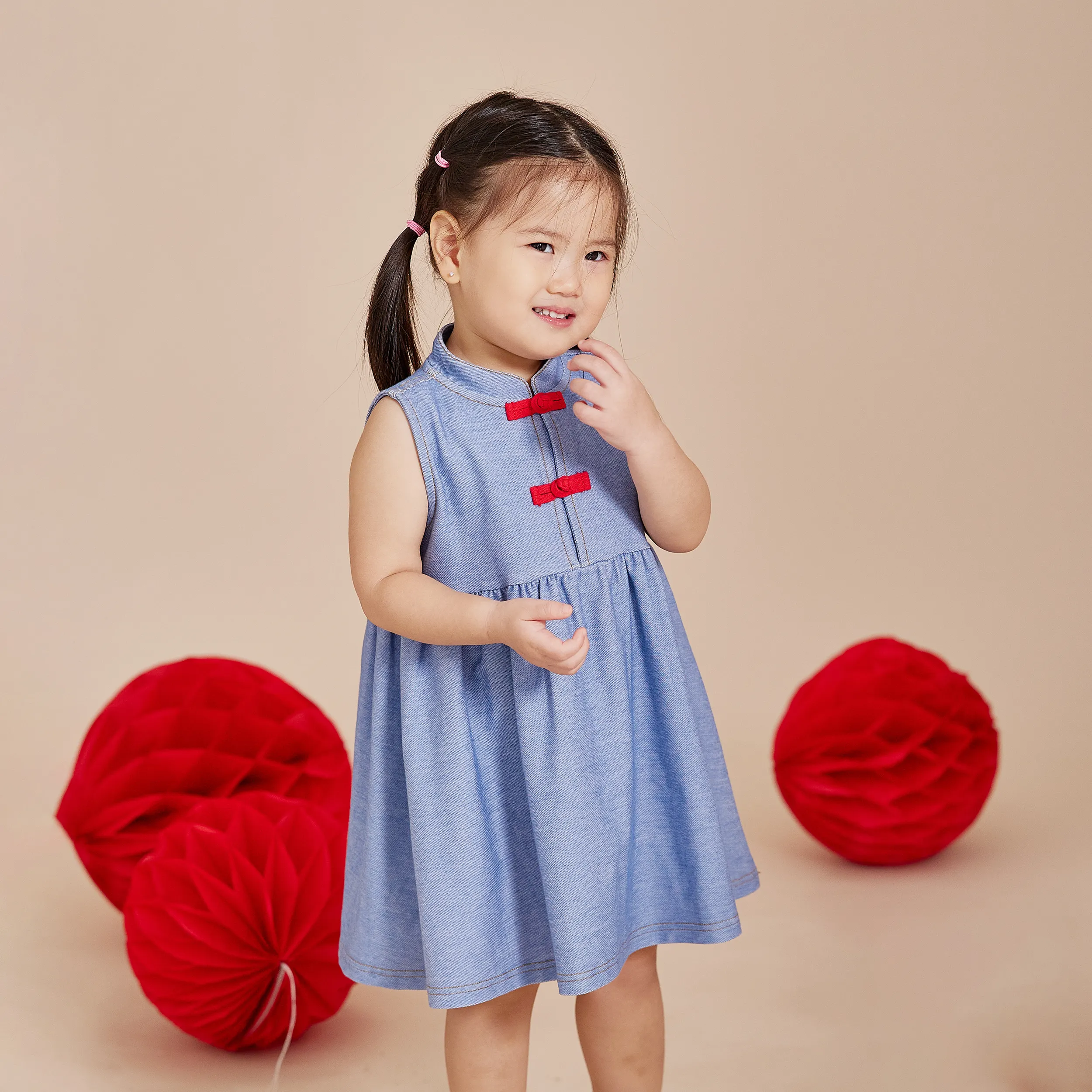 CNY Modern Blessings Toddler Kid Girl Sleeveless Mandarin Dress (Sky Blue)