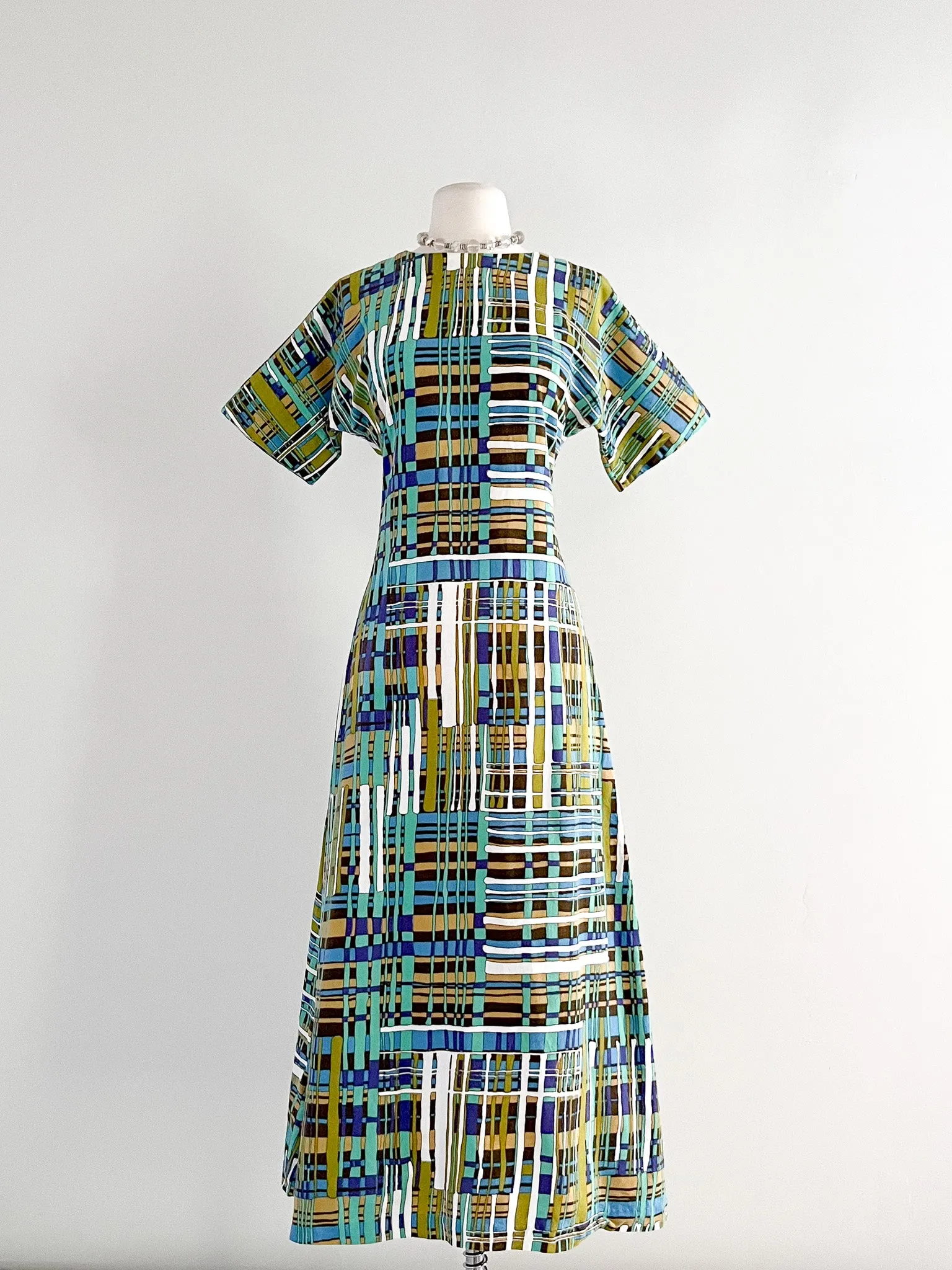 Coolest 1960's Abstract Stripe Print Linen Maxi Dress  / Sz M