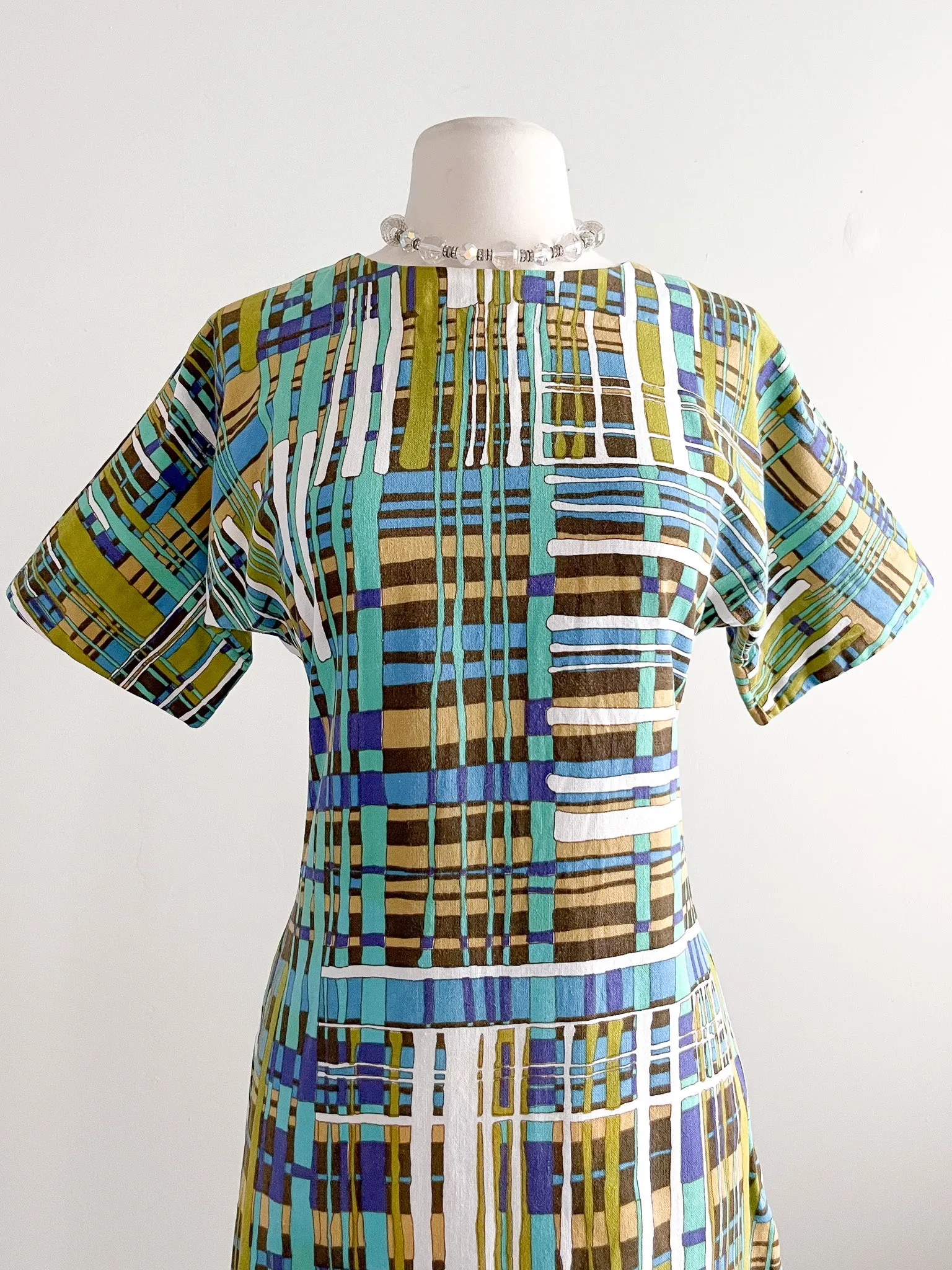 Coolest 1960's Abstract Stripe Print Linen Maxi Dress  / Sz M