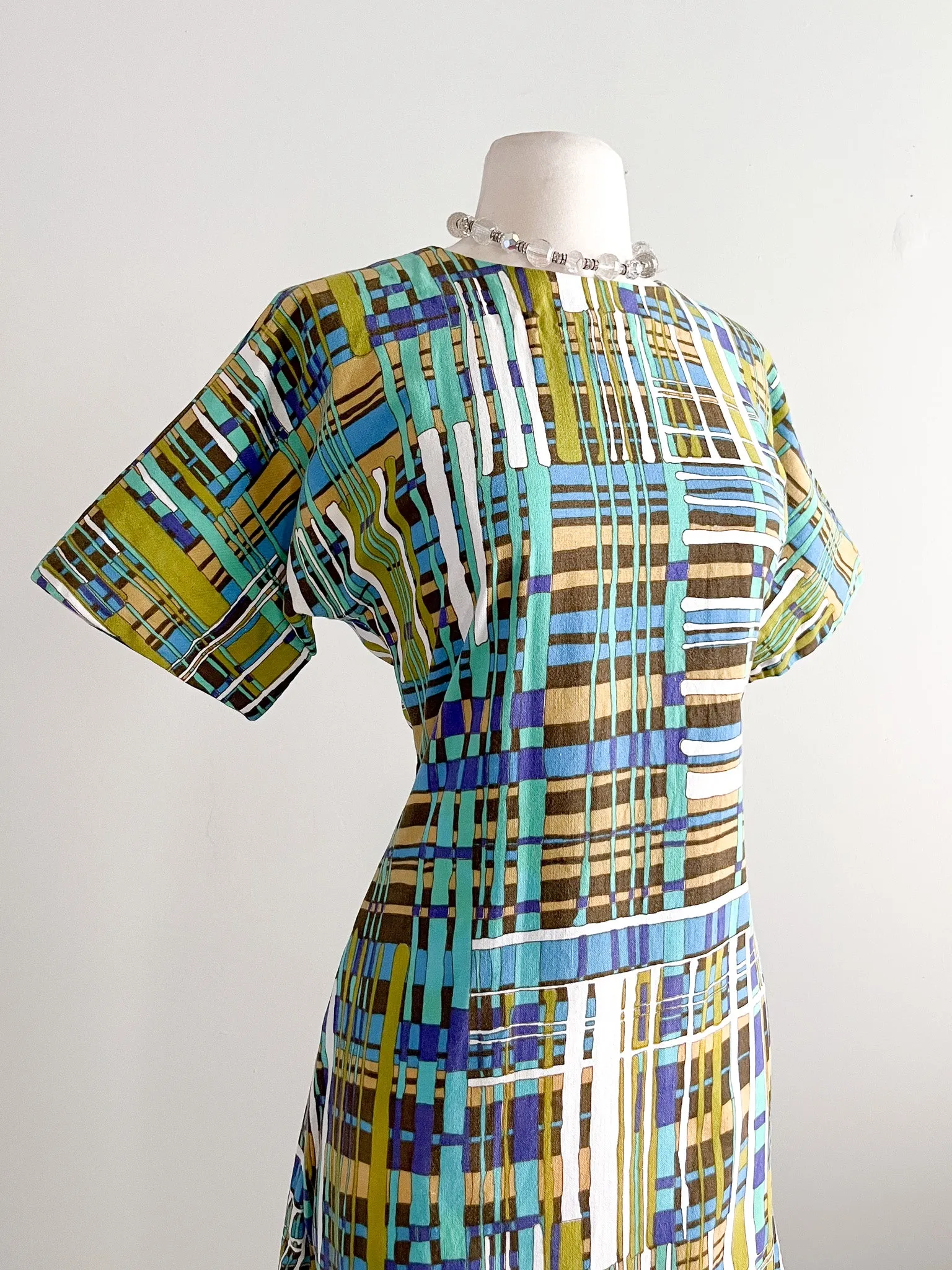 Coolest 1960's Abstract Stripe Print Linen Maxi Dress  / Sz M