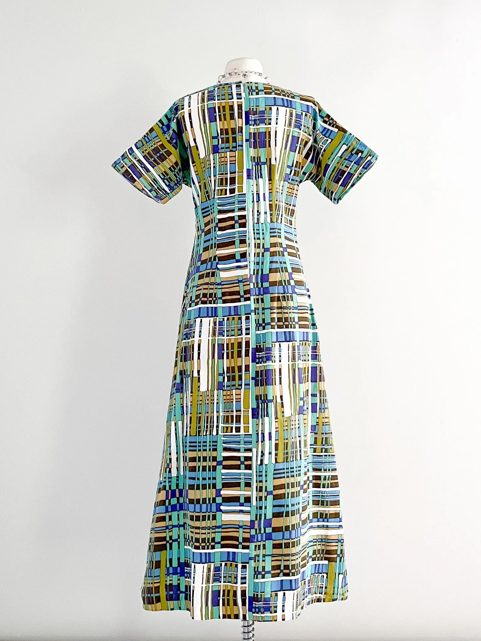 Coolest 1960's Abstract Stripe Print Linen Maxi Dress  / Sz M