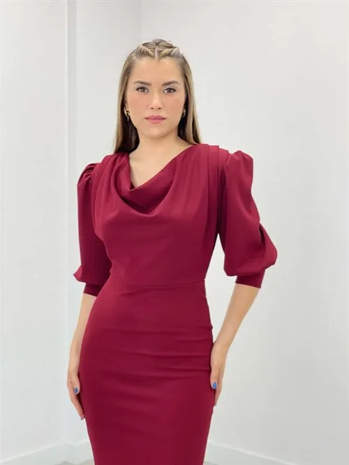 Crepe Fabric Degaje Collar Pen Dress - Burgundy