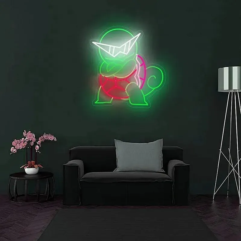 Custom Neon Sign: Anime Pokemon Theme and Tortoise Design | Indoor Wall Lights for Events, Parties, and Kids' Rooms | Game Room Decor