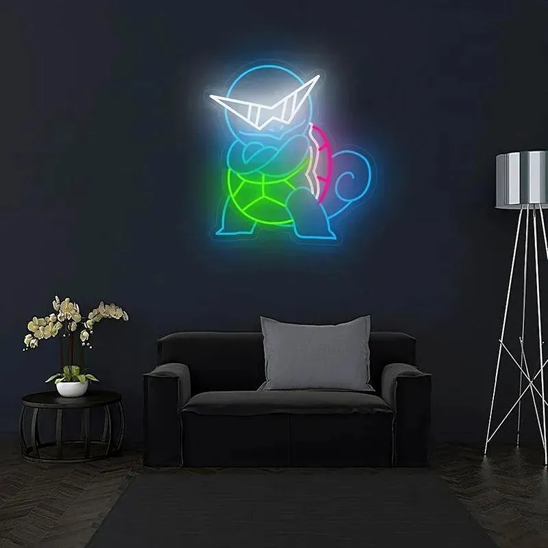 Custom Neon Sign: Anime Pokemon Theme and Tortoise Design | Indoor Wall Lights for Events, Parties, and Kids' Rooms | Game Room Decor