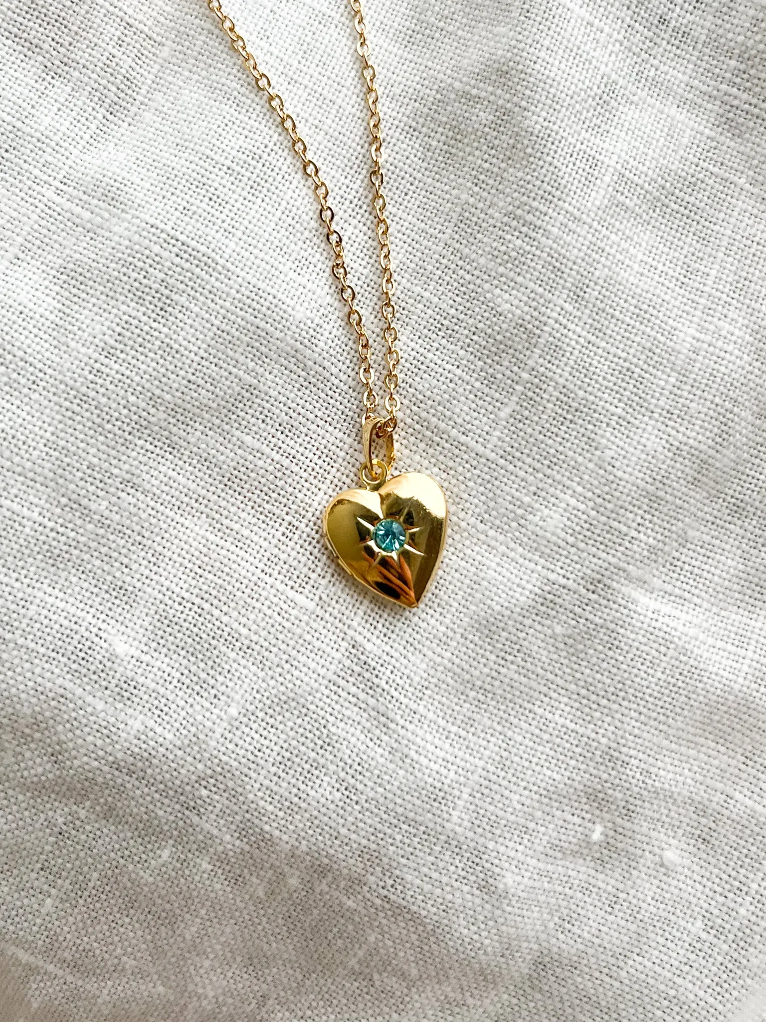 Cutest 1980's NOS Gold Heart Charm Locket Necklace with Aquamarine Center