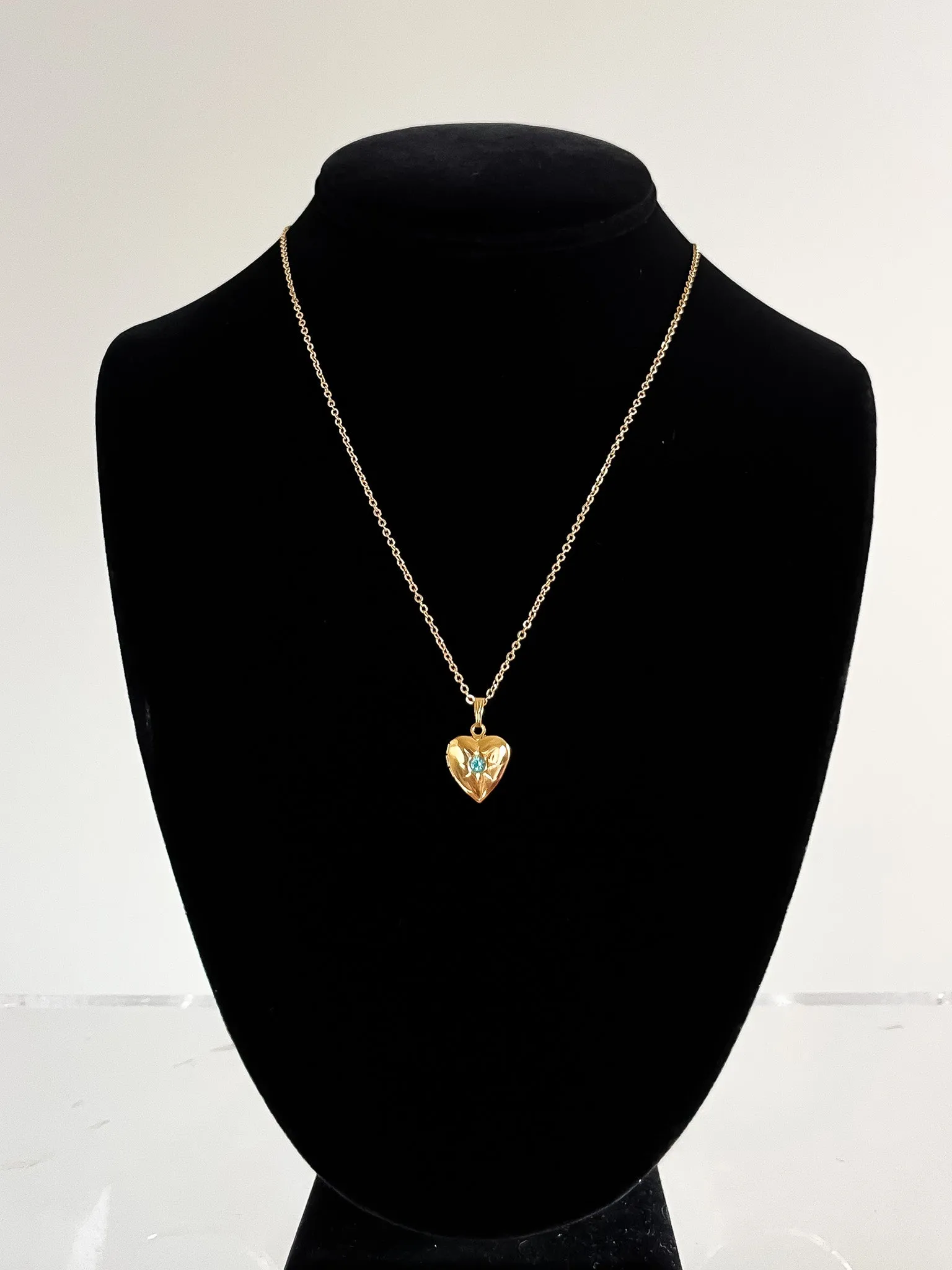 Cutest 1980's NOS Gold Heart Charm Locket Necklace with Aquamarine Center