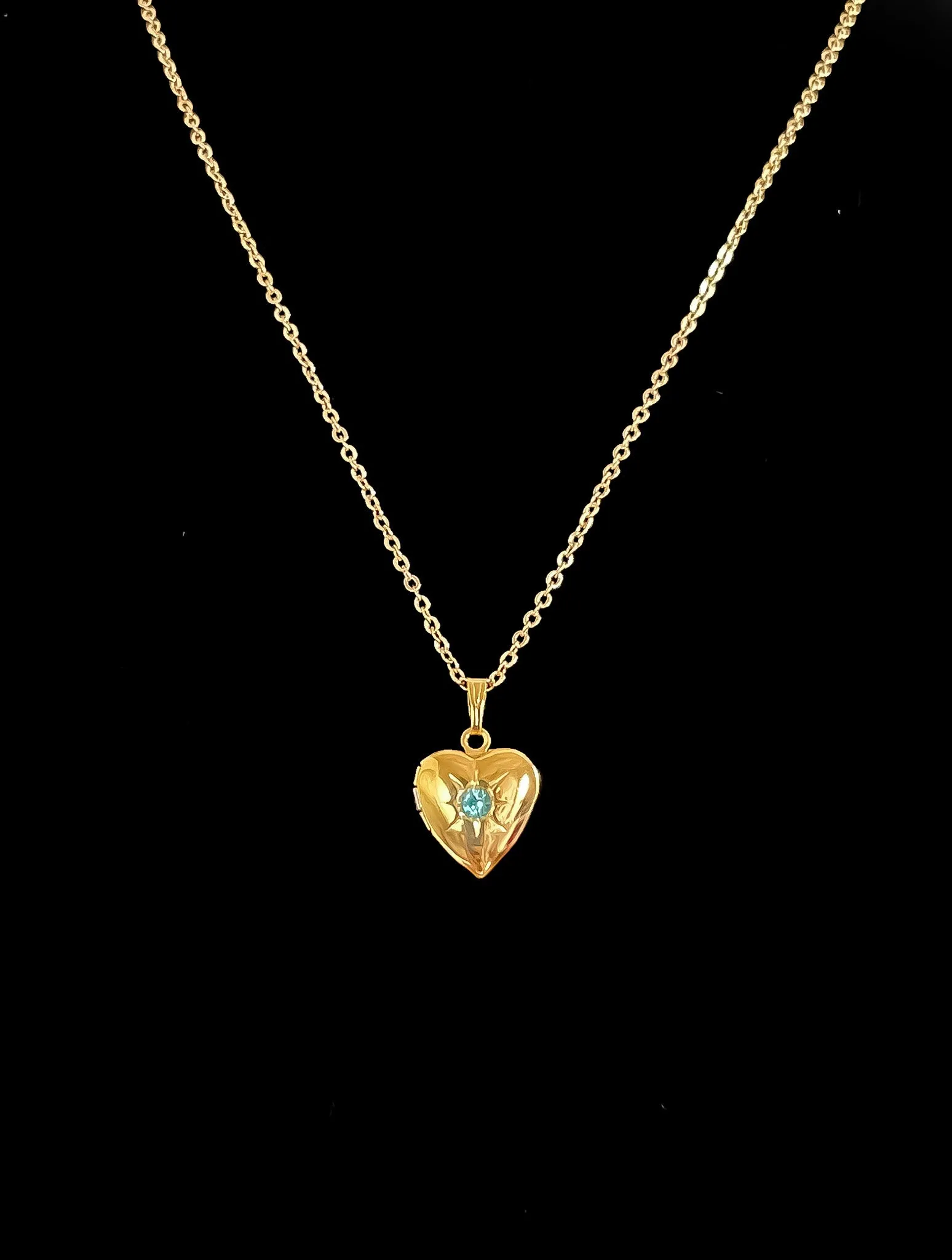 Cutest 1980's NOS Gold Heart Charm Locket Necklace with Aquamarine Center