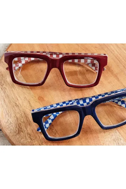 Dark Red Check Blue Light Reading Glasses